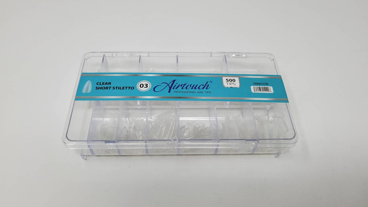Airtouch Nail Tips Box, 03, CLEAR - SHORT STILETTO, 10 sizes (From #00 To #09), (Pk: 500pcs/box, 100 boxes/case)