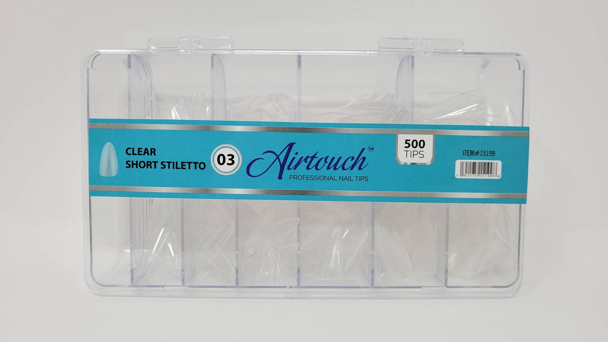 Airtouch Nail Tips Box, 03, CLEAR - SHORT STILETTO, 10 sizes (From #00 To #09), (Pk: 500pcs/box, 100 boxes/case)