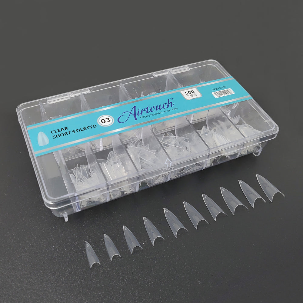 Airtouch Nail Tips Box, 03, CLEAR - SHORT STILETTO, 10 sizes (From #00 To #09), (Pk: 500pcs/box, 100 boxes/case)