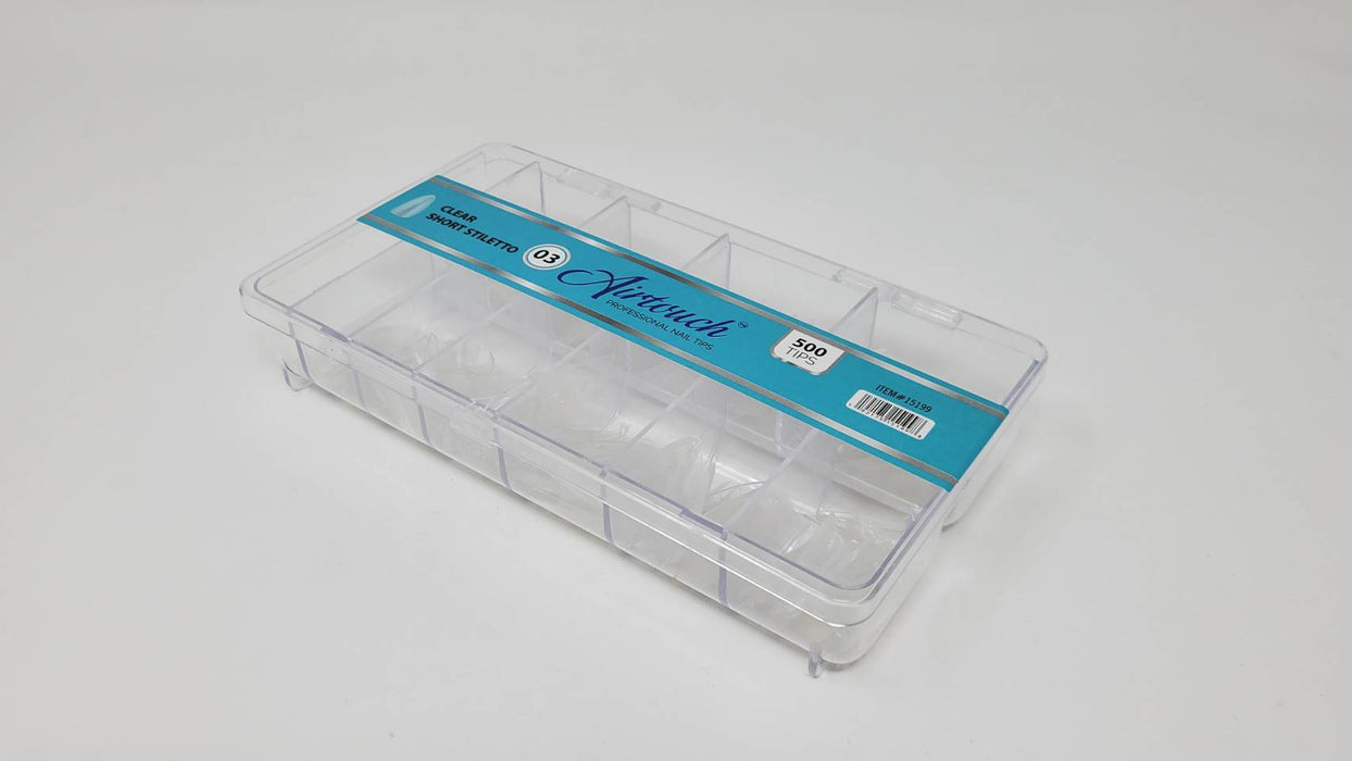 Airtouch Nail Tips Box, 03, CLEAR - SHORT STILETTO, 10 sizes (From #00 To #09), (Pk: 500pcs/box, 100 boxes/case)
