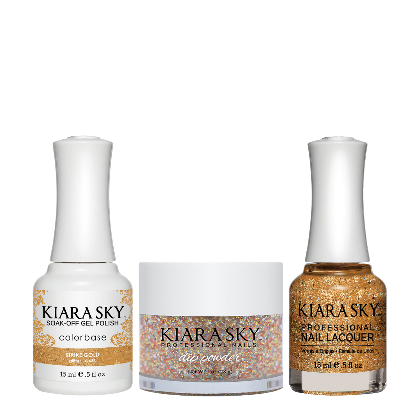 Kiara Sky 3in1 Dipping Powder + Gel Polish + Nail Lacquer, DGL 433, Strike Gold