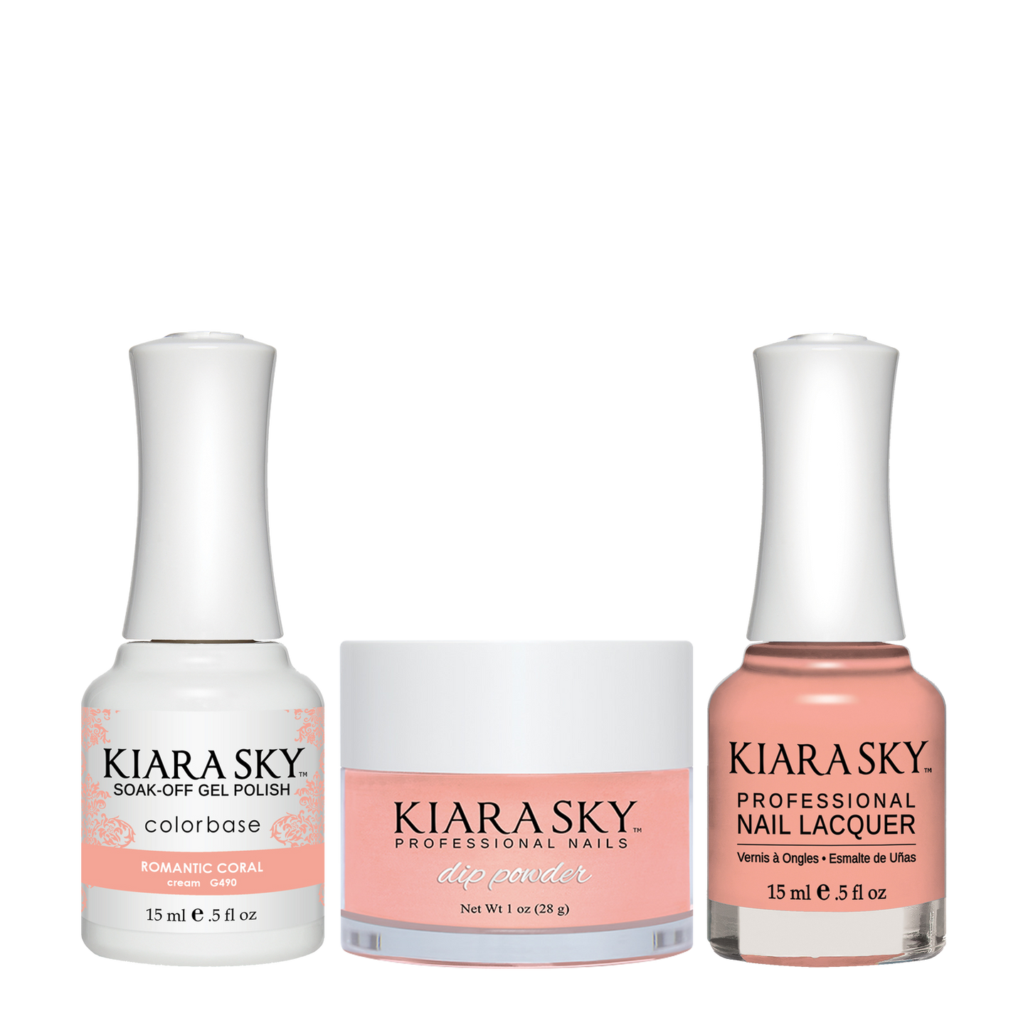 Kiara Sky 3in1 Dipping Powder + Gel Polish + Nail Lacquer, DGL 490, Romantic-Coral