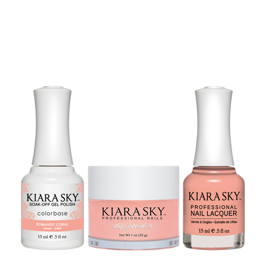 Kiara Sky 3in1 Dipping Powder + Gel Polish + Nail Lacquer, DGL 490, Romantic-Coral