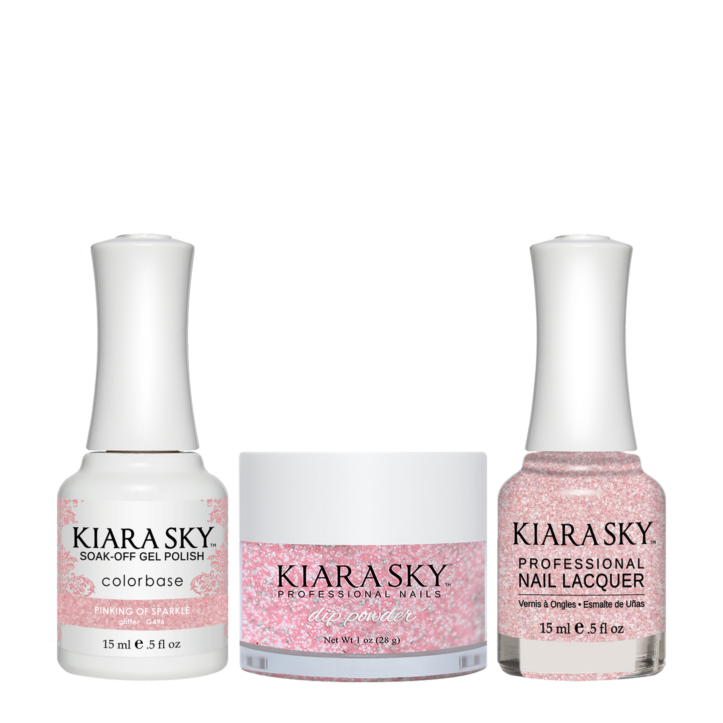 Kiara Sky 3in1 Dipping Powder + Gel Polish + Nail Lacquer, DGL 496, Pinking-Of-Sparkle