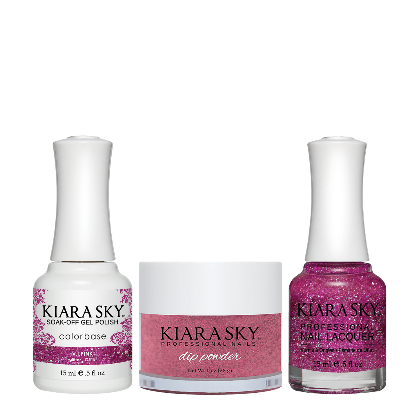 Kiara Sky 3in1 Dipping Powder + Gel Polish + Nail Lacquer, DGL 518, V.I.Pink