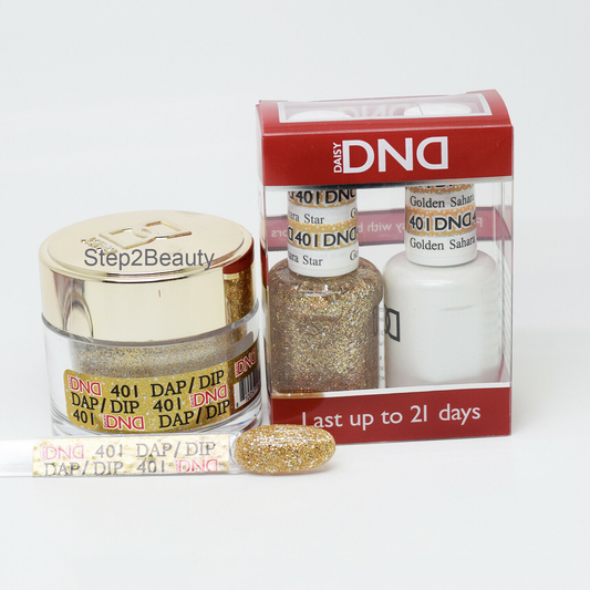 DND 3in1 Acrylic/Dipping Powder + Gel Polish + Nail Lacquer, 401, Golden Sahara Star