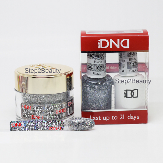 DND 3in1 Acrylic/Dipping Powder + Gel Polish + Nail Lacquer, 407, Black Diamond Star