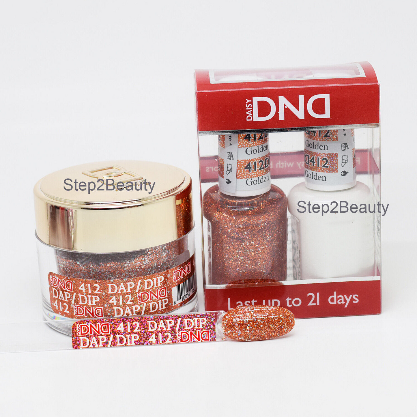 DND 3in1 Acrylic/Dipping Powder + Gel Polish + Nail Lacquer, 412, Golden Orange Star