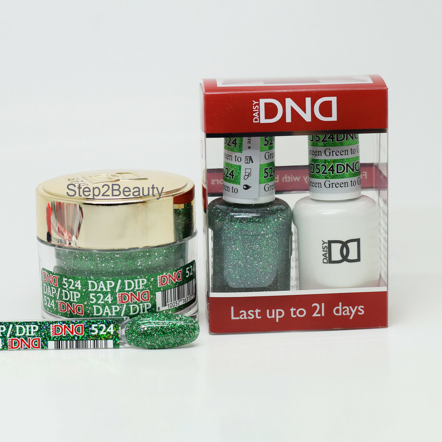 DND 3in1 Acrylic/Dipping Powder + Gel Polish + Nail Lacquer, 524, Green To Green