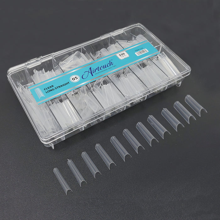 Airtouch Nail Tips Box, 05, CLEAR - LONG STRAIGHT, 10 sizes/box, 55 pcs/size, 550pcs/box (Pk: 100 boxes/case)