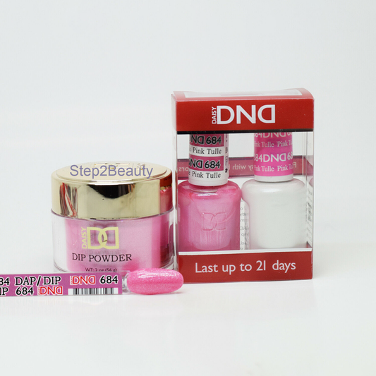 DND 3in1 Acrylic/Dipping Powder + Gel Polish + Nail Lacquer, 684, Pink Tulle