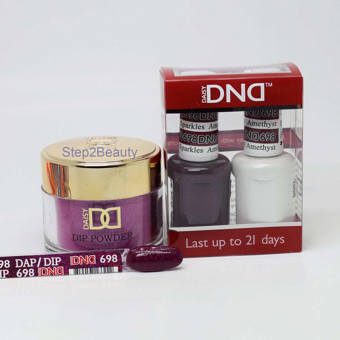 DND 3in1 Acrylic/Dipping Powder + Gel Polish + Nail Lacquer, 698, Amethyst Sparkles