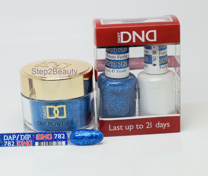 DND 3in1 Acrylic/Dipping Powder + Gel Polish + Nail Lacquer, 782, Feelin's Frosty, 0.5oz