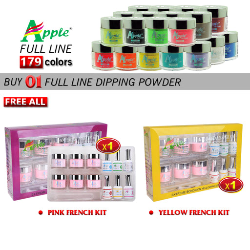 Apple Dipping Powder, 2oz, Full line of 179 colors (Form 201 to 379), Buy 1 Get 1 Apple Pink French Kit And 1 Apple Yellow French Kit FREE