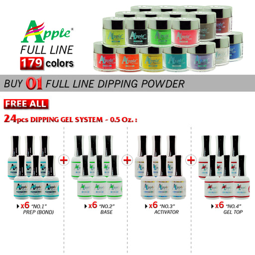 Apple Dipping Powder, 2oz, Full line of 179 colors (Form 201 to 379), Buy 1 Get 24pcs Apple Dipping Gel 0.5oz ( 6pcs for each from No.1 to No.4)