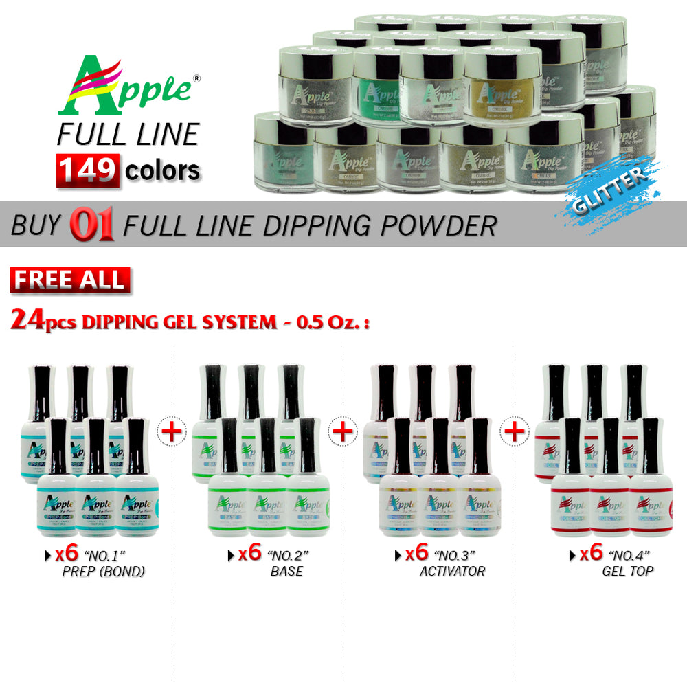 Apple Dipping Powder, Glitter Collection, 2oz, Full line of 149 colors (From 423 to 572), Buy 1 Get 24pcs Apple Dipping Gel 0.5oz (6pcs for each from No.1 to No.4)