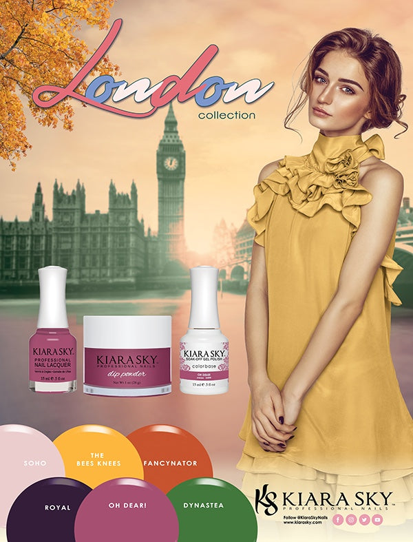 Kiara Sky 3in1 Dipping Powder + Gel Polish + Nail Lacquer, London Collection, Full line of 6 Colors (from DGL591 to DGL596)