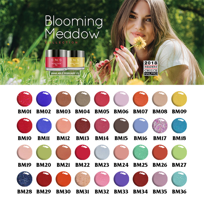 SNS Gelous Dipping Powder, Blooming Meadow Collection, Full Line Of 36 Color (from BM01 to BM36)