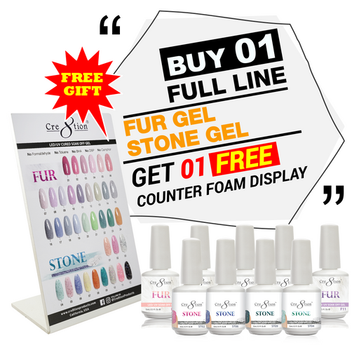 Cre8tion Fur Gel & Stone Gel, Full Line of 36 Colors (from FUR01 to FUR24 & ST01 to ST12, Price: $7.46/pc), Buy 1 Get 1 Counter Foam Display FREE