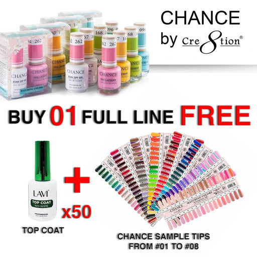 Chance Gel Polish & Nail Lacquer (by Cre8tion), 0.5oz, Full Line Of 360 Color, Buy 01 Full Line Get 50 pcs Lavi Top Coat 0.5oz & 02 Set Sample Tips FREE