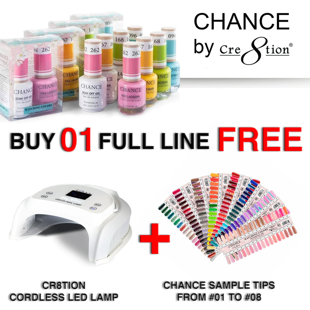 Chance Gel Polish & Nail Lacquer (by Cre8tion), 0.5oz, Full Line Of 360 Color, Buy 01 Full Line Get 01 pc Cre8tion Cordless LED Lamp & 02 Set Sample Tips FREE