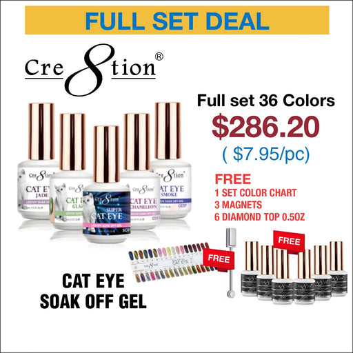 Cre8tion Cat Eye Gel 0.5oz, Buy 01 Full Line 36 Colors Get 06 Cre8tion Diamond Top Coat 0.5oz. + 3 Magnet Duo (0916-1014) FREE