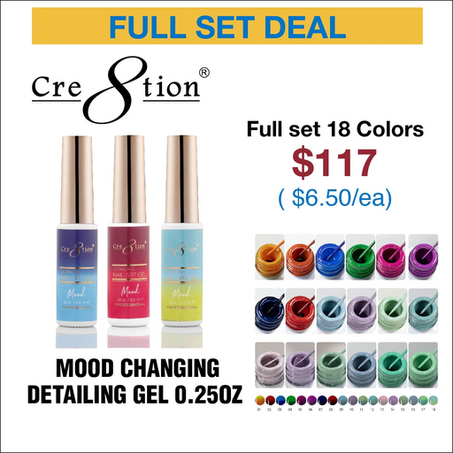 Cre8tion Detailing Nail Art Gel, Mood Change Collection, Full Line of 18 Colors (From 01 To 18), 0.33oz