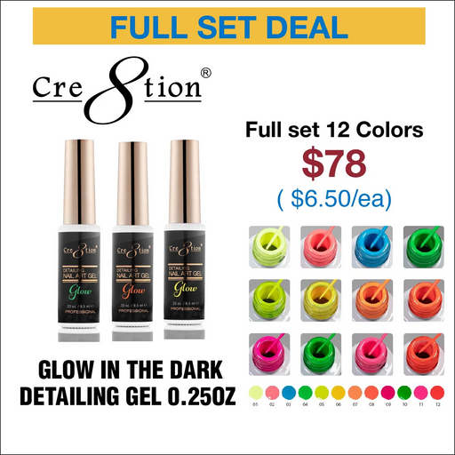 Cre8tion Detailing Nail Art Gel, Glow In The Dark Collection, Full Line of 12 Colors (From 01 To 12), 0.33oz