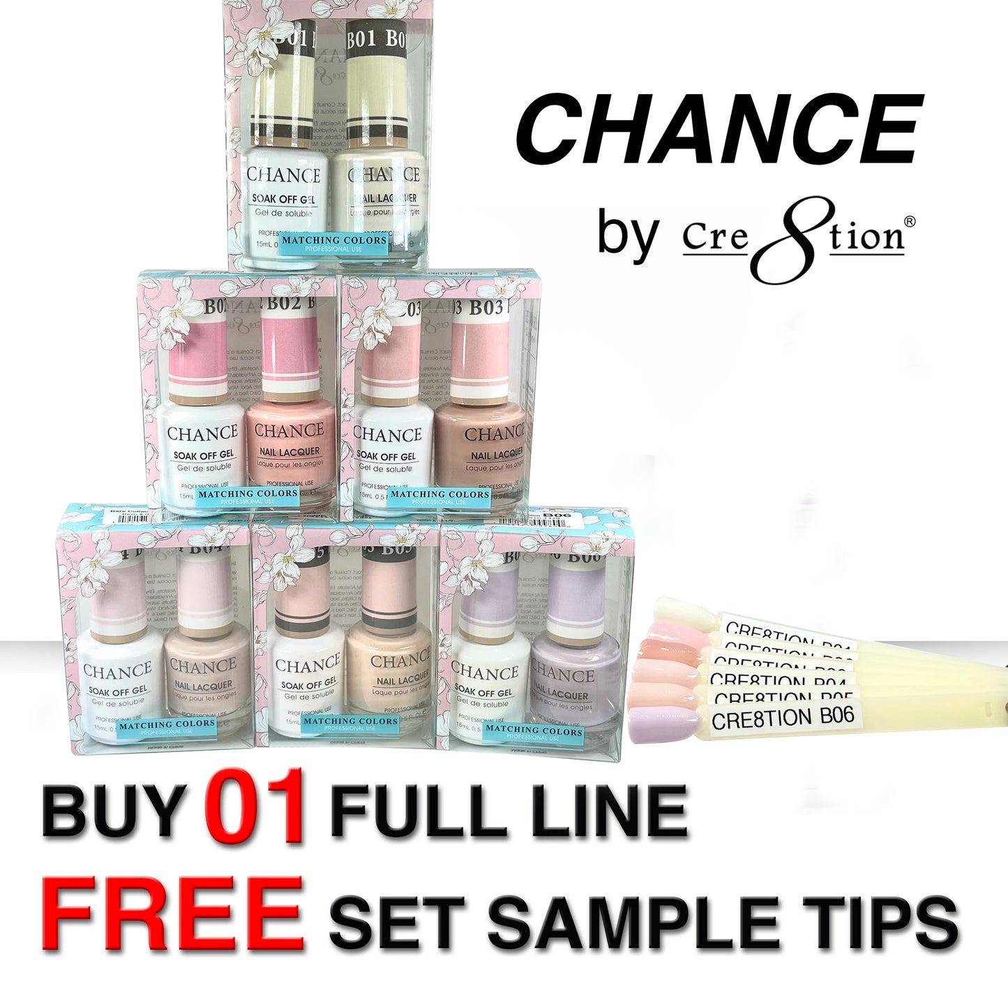 Chance Gel Polish & Nail Lacquer (by Cre8tion), Bare Collection, Full Line Of 36 Colors (From B01 To B36), 0.5oz