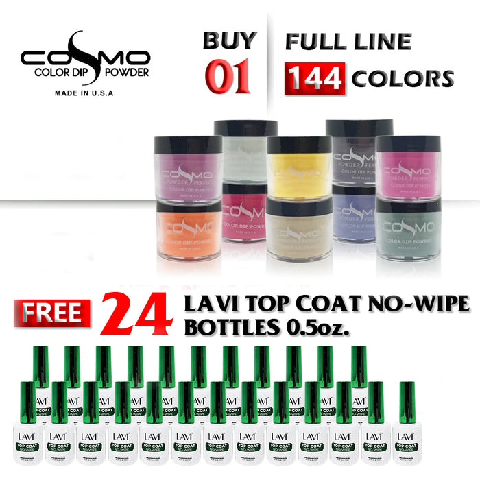 Cosmo Dipping Powder, 2oz, Full Line of 144 colors (from C001 to C144), Buy 1 Get 24 pcs Lavi Top Coat No-Wipe 0.5oz FREE