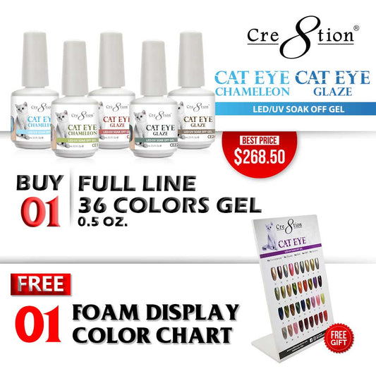 Cre8tion Cat Eye Gel, Full Line of 36 Colors (from CE01 to CE36), Buy 1 Get 1 Counter Foam Display FREE