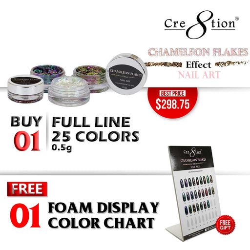 Cre8tion Nail Art Chameleon Flakes, Full Line Of 36 Colors (from CF01 to CF36, Price: $11.95/pc), Buy 1 Get 1 Counter Foam Display FREE