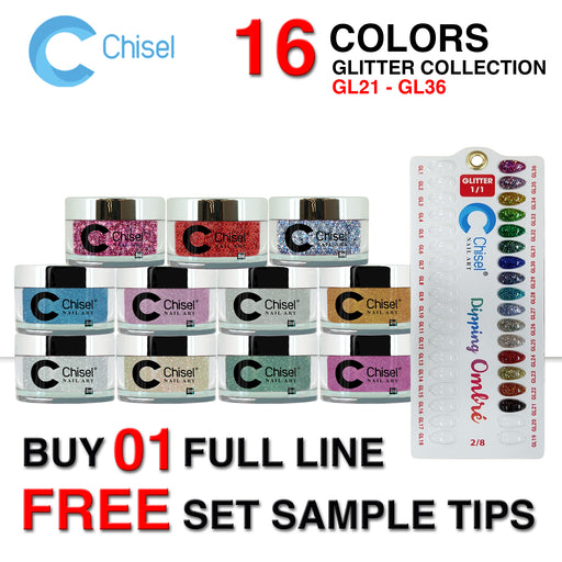 Chisel 2in1 Acrylic/Dipping Powder (GLITTER), Summer Collection, Full Line Of 16 Colors (From GL21 To GL36), 2oz