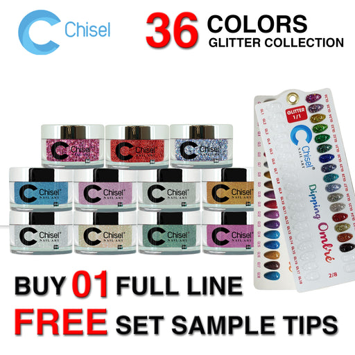 Chisel 2in1 Acrylic/Dipping Powder, Glitter Collection, Full Line Of 36 Colors (From GL01 To GL36), 2oz