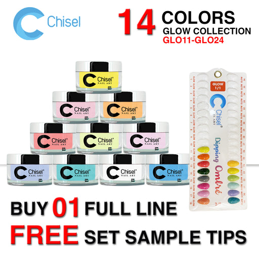 Chisel 2in1 Acrylic/Dipping Powder, Glow In The Dark Collection, Full Line Of 14 Colors (From GLO11 to GLO24), 2oz
