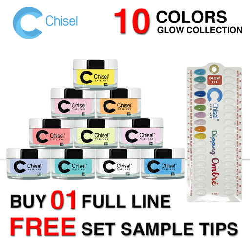 Chisel 2in1 Acrylic/Dipping Powder, Glow In The Dark Collection, Full Line Of 10 Colors (form GLO01 to GLO10), 2oz