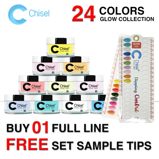 Chisel 2in1 Acrylic/Dipping Powder, Glow In The Dark Collection, Full Line Of 24 Colors (form GLO01 to GLO24), 2oz