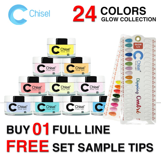 Chisel 2in1 Acrylic/Dipping Powder, Glow In The Dark Collection, Full Line Of 24 Colors (form GLO01 to GLO24), 2oz