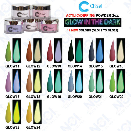 Chisel 2in1 Acrylic/Dipping Powder, Glow In The Dark Collection, Full Line Of 14 Colors (From GLO11 to GLO24), 2oz
