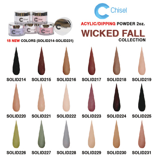 Chisel 2in1 Acrylic/Dipping Powder, (Wicked Fall) Solid Collection, Full Line Of 18 Colors (From SOLID214 To SOLID231), 2oz OK0831VD