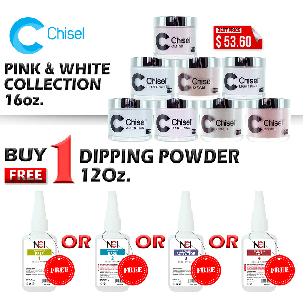 Chisel 2in1 Acrylic/Dipping Powder, 12oz, Buy 1 Get 1 NCI Dipping Gel Refill (ANY KIND: PREP, BASE, ACTIVATOR, TOP) 2oz FREE