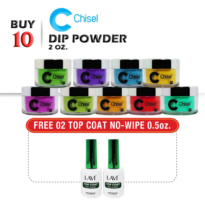 Chisel 2in1 Acrylic/Dipping Powder 2oz, Buy 10 Get 2 pcs Lavi Top Coat No-Wipe 0.5oz FREE