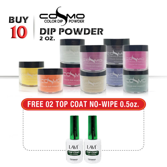 Cosmo Dipping Powder, 2oz, Buy 10 Get 2 pcs Lavi Top Coat No-Wipe 0.5oz