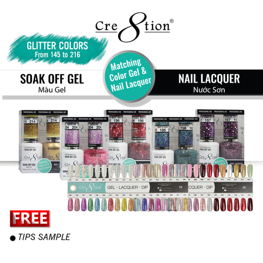 Cre8tion Gel Polish And Nail Lacquer, 0.5oz, Full line of 72 Colors (from 145 to 216), Glitter Collection