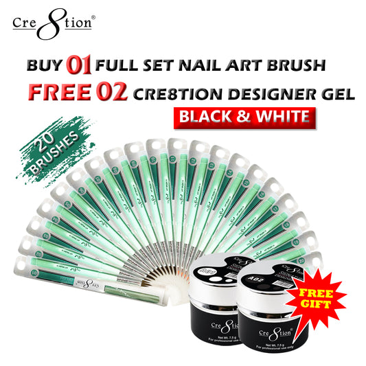 Cre8tion Nail Art Brush, Full Line of 20pcs, Buy 1 Get 2pcs Cre8tion Signature Designer Gel 7.5oz (Black & White Color)