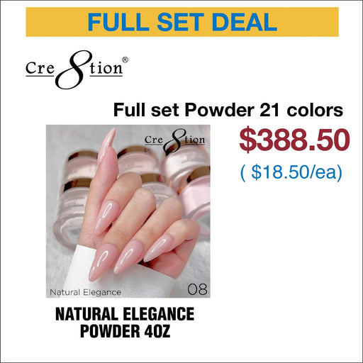 Cre8tion Acrylic Powder, Natural Elegance Collection, Full Line Of 21 Colors (From 01 To 12), 4oz