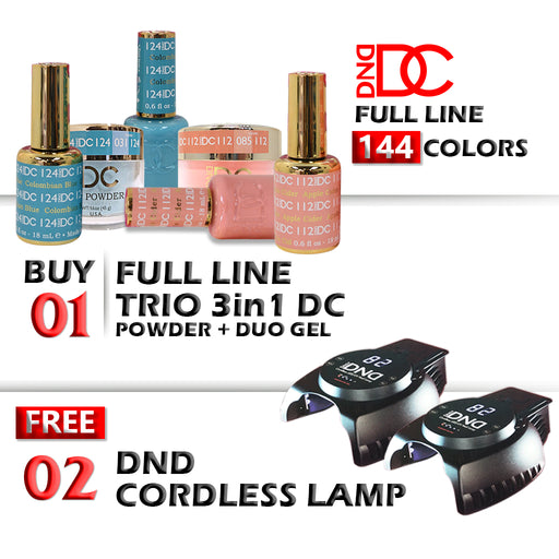 DC 3in1 Dipping Powder + Gel Polish + Nail Lacquer, Full line of 144 Colors, Buy 1 Get 2 pcs DND CORDLESS Lamp FREE