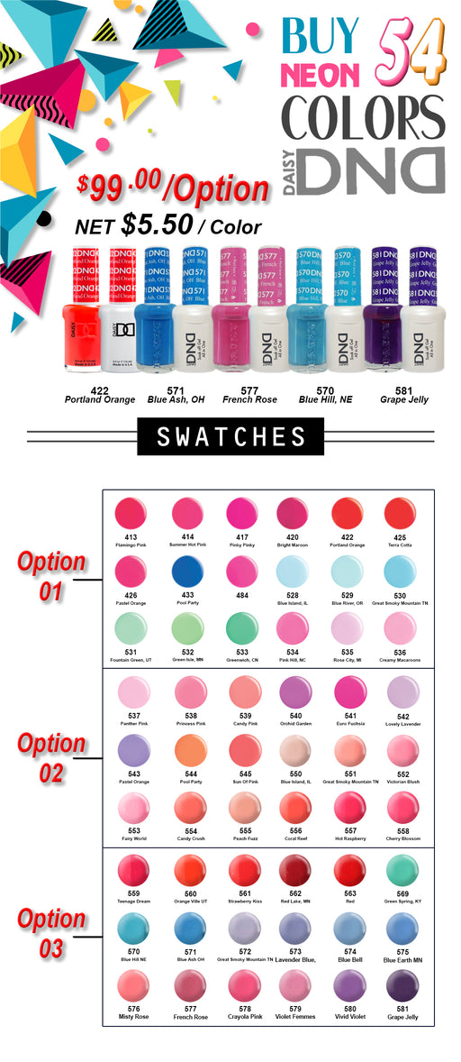 DND Nail Lacquer And Gel Polish, Choose in 3 Pre-packed 18 Colors in 54 Neon Colors, Special Price