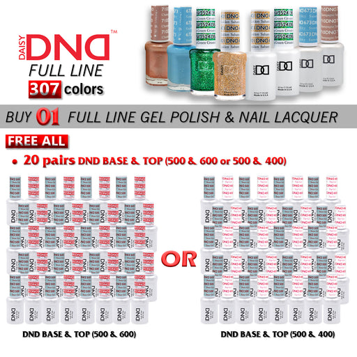 DND Nail Lacquer + Gel Polish, 0.5oz, Full Line Of 307 Colors ( from 401 to 710), Buy 1 Full Line Get 20 pairs DND Base & Top (500 & 600 OR 500 & 400) FREE