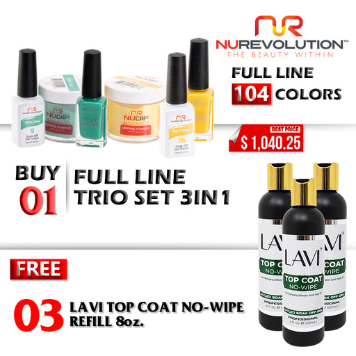 NuRevolution 3in1 Dipping Powder + Gel Polish + Nail Lacquer, Full Line Of 104 Colors (from 001 to 104), Buy 1 Get 3 pcs Lavi Top Coat No-Wipe 8oz FREE